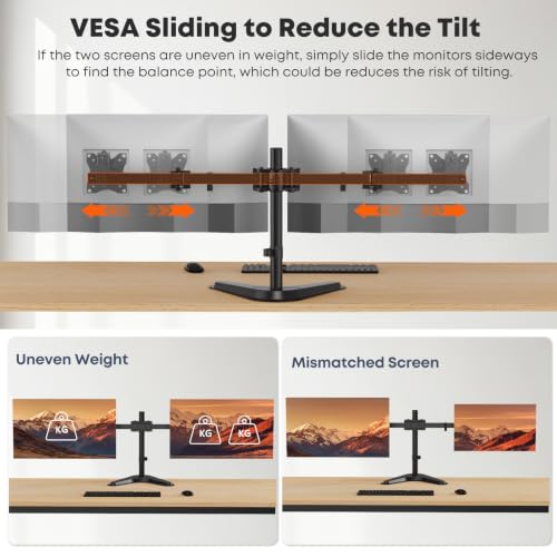 Dual Monitor Stand fits 17 to 32 inch – Free Standing Heavy Duty Monitor Mount with Precise Tilt, Swivel, Rotate and Height Adjust, 19.8 lbs per Arm, VESA 75/100mm - size: Dual Arms