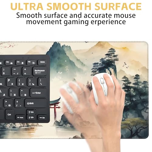 Japanese Mountain Desk Mat Large Mouse Pad Gaming Mousepad 31.5 x 15.8 in | Desk Pad for Keyboard and Mouse, Large Non-Slip Rubber Base Mousepad Desk Mat with Stitched Edges for Gaming Office - color: Japanese Lake and Mountains
