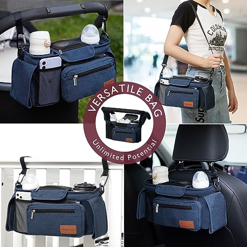 Momcozy Universal Baby Stroller Organizer, 2 Insulated Cup Holder, Detachable Zippered Pocket, Adjustable Shoulder Strap, Large capacity for baby essentials, Compact Design Fits Any Strollers - color: Blue