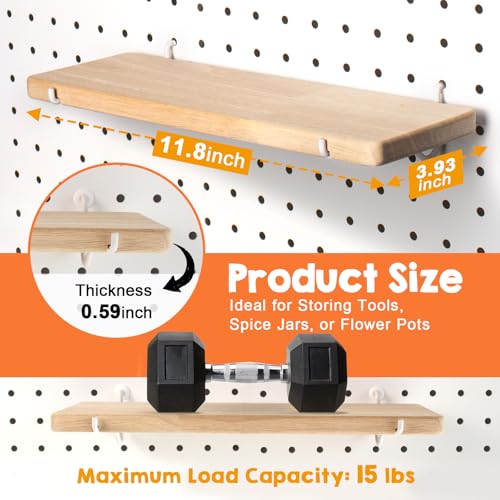 2 Pack Solid Wood Pegboard Shelf, High Balance and No tilt, 12" x 4" Pegboard Shelves Fit 1/4" Pegboard for Display Craft Garage Workbench Office