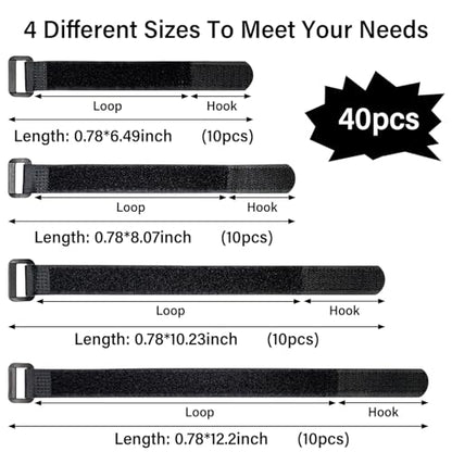 40pcs Reusable Cable Ties - 4 Sizes (6/8/10/12 Inch) - Hook and Loop Cinch Straps for Wire Management - Heavy Duty Cord Organizer & Wire Ties for Electronics, PC, Home & Office - style: 12+10+8+6 Inch