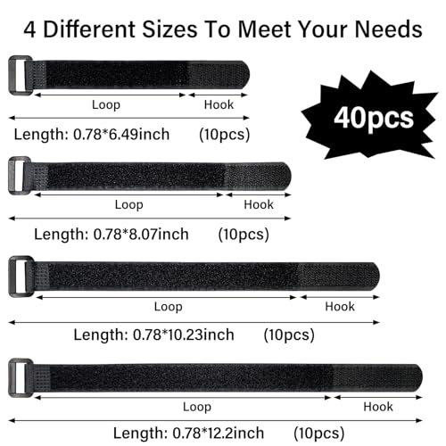 40pcs Reusable Cable Ties - 4 Sizes (6/8/10/12 Inch) - Hook and Loop Cinch Straps for Wire Management - Heavy Duty Cord Organizer & Wire Ties for Electronics, PC, Home & Office - style: 12+10+8+6 Inch