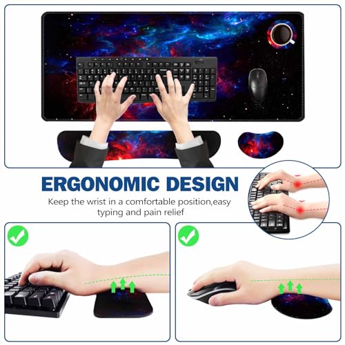 ToLuLu Extended Gaming Mouse Pad, Memory Foam Ergonomic Keyboard Mouse Wrist Rest Support Set, Large Desk Mat with Stitched Edges, Non-Slip Base Mousepad for Home Office and Game, Blue Red Galaxy - color: Blue Red Galaxy