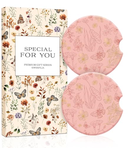 Swooflia Car Coasters for Women - Pink Butterfly Car Cup Coasters Absorbent Cup Holder Coasters for Car 2 Pcs Ceramic Car Coasters with Cork Base Car Interior Accessories - color: Pink Flower and Butterfly