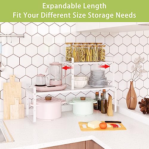 Across-Star Expandable Cabinet Shelf Organizer Rack, Stackable Kitchen Counter Storage Shelves Stand, Adjustable Height Pantry Shelf Spice Rack - color: White-2 Pack, size: 10.24''D*16.14-25.59''W*10.24''H