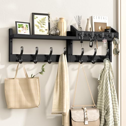 Evermagin 29" Coat Rack Wall Mount with Shelf, 4 in 1 Wall Mounted Coat and Key Hanger with 11 Hooks, Entryway Key Holder with Mail Holder for Living Room, Bedroom, Black - color: Black, size: 29 inch