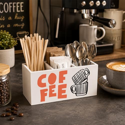 Coffee Lover Gifts Pen Holder for Desk, Coffee Bar Organizer for Countertop, Barista Gifts Wooden Box Storage Organizer for Home Office Cafe Shop Station Counter Table Decoration - color: Coffee Bar