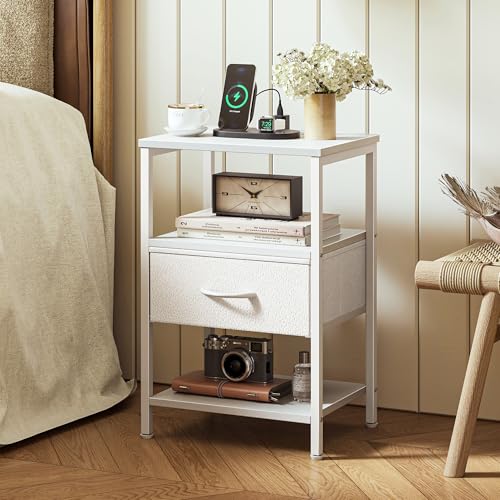SUPERJARE Nightstand Set of 2, Bed Side Tables with Charging Station, Adjustable Fabric Drawer, Night Stand for Bedroom, 3-Tier Storage End Tables, White, 8694WC - color: White, size: M-2 (11.8"D x 15.7"W x 23.4"H)