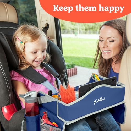 PILLANI Kids Travel Tray for Car - Toddler Travel Essential with iPad Holder & Dry Erase Board - Road Trip Essentials - Carseat Table - Toddler Lap Desk Organizer for Airplane - Kids Travel Essentials - color: Blue