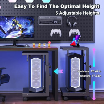 Computer Tower Stand with Charge Station and USB Charging Port - Height Adjustable PC Tower Stand, Under Desk CPU Holder Cart with Locking Caster Wheels for Fits Most PC - color: Black
