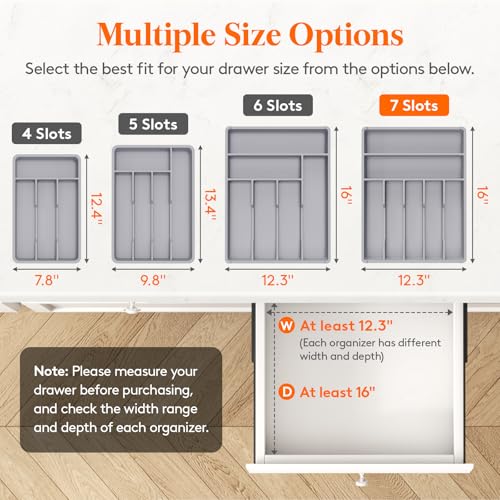 Lifewit Silverware Drawer Organizer Tray, Plastic Cutlery Storage for Kitchen, Flatware and Utensil Holder Divider for Spoons Forks Knives Tableware, 12.3 x 16", 7 Slots, Gray - color: Gray, size: 12.3 x 16 inch (7 Slots)
