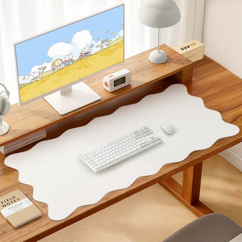 PU Leather Desk Pad, Scalloped Non-Slip Mouse Pad & Large Desk Mat Cover Stitched Edges Writing Pad for Office, Home - Waterproof, Easy to Clean, Durable Surface I 31.4"x15.7", Ivory White - color: Ivory White