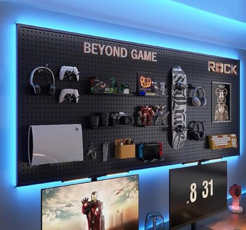 RGB Gaming Wall Organizer Peg Board with RGB LED Strip Lights, 2PCS Metal Gamer Wall Decor Peg Board with Hooks, DIY Gaming Setup Organizer PegBoard Gaming Wall Accessories 12 * 24”
