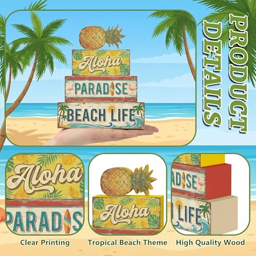 4 Pcs Tropical Pineapple Party Decorations Summer Hawaiian Luau Table Wooden Signs Summer Beach Tiered Tray Decor Fruit Home Bar Shelf Sitter Aloha Paradise Tiki Table Top Gifts - style: Tropical Pineapple