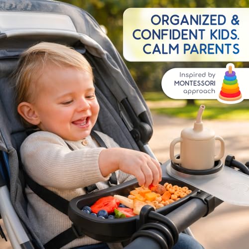 Universal Stroller Snack Tray with Cup Holder 2 in 1 - Stroller Tray Attachment for Baby & Toddler - Baby Stroller Accessories - Fit Most Strollers, Dishwasher Safe with Dust Cover & Silicone Arms