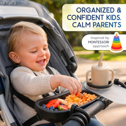 Universal Stroller Snack Tray with Cup Holder 2 in 1 - Stroller Tray Attachment for Baby & Toddler - Baby Stroller Accessories - Fit Most Strollers, Dishwasher Safe with Dust Cover & Silicone Arms