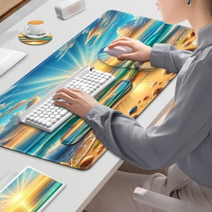 Gaming Mouse Pad, Large Desk Mat, Cute Desk Pad Protector, 4in1 XXL Mousepad + Keyboard Wrist Rest+Mouse Wrist Rest+Coaster Set with Ergonomic Desk Pad for Home Office Computer, Beach Sun Shell - color: Beach Sun Shell