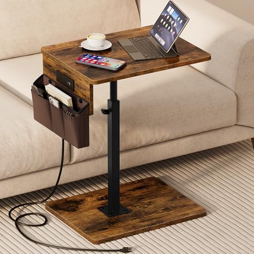 Vagusicc Sofa Armrest Tray Table for Couch - 360° Swivel Height Adjustable Side Table for Small Spaces, Snack Side Table for Bed or Chair, C Shaped End Table Snack Table for Eating Dinner Laptop - color: Rustic Brown, style: With Plug+Storage Bag