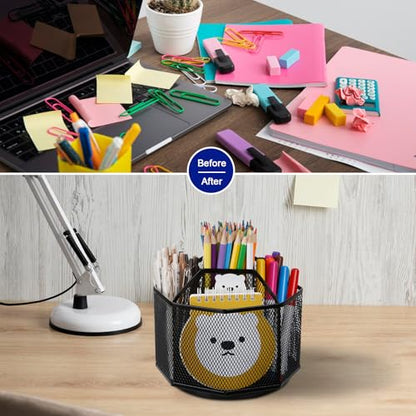 Comix 360° Rotating Pen Holder for Desk, 5 Compartments Office Desk Organizer, Black Mesh Metal Pencil Holder Cup for Office Home School - color: 360° Rotation-5 Compartments