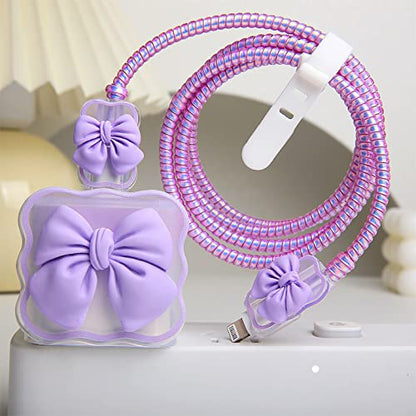 Compatible with iPhone 18W/20W USB-C Charger Cover Cute 3D Bow Tie Design Clear Soft Charger Protector Kawaii Cable Saver for iPhone 11 12 13 14 Pro Max Fast Power Adapter, Purple 2 (5in1) - color: Purple 2 (5 in 1)