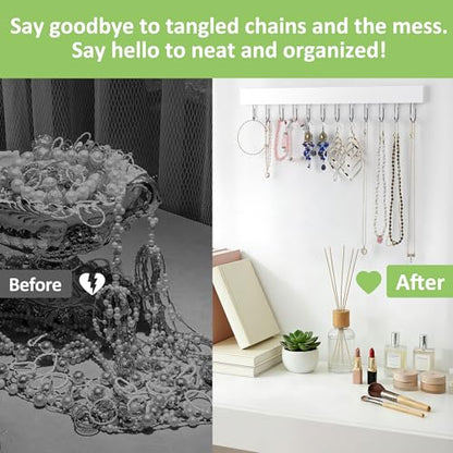 Jewelry Organizer Wall Mounted 2 Pack, Wooden Necklace Holder Wall Hanger with 24 Hooks for Hanging Necklaces and Jewelry Storage, White - color: White