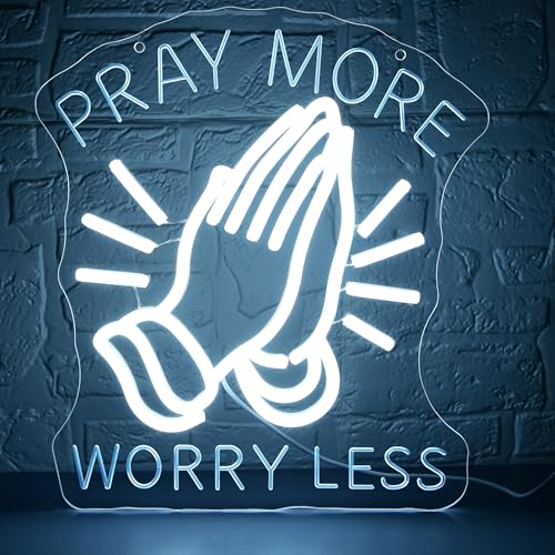 Pray More Worry Less Neon Sign for Wall Decor Dimmable Praying Hands LED Neon Light Christian Decor for Prayer Room Home Church God Jesus Inspirational Religious Wall Art Gifts Size 12.4*11in(GLNP216) - color: Pray More