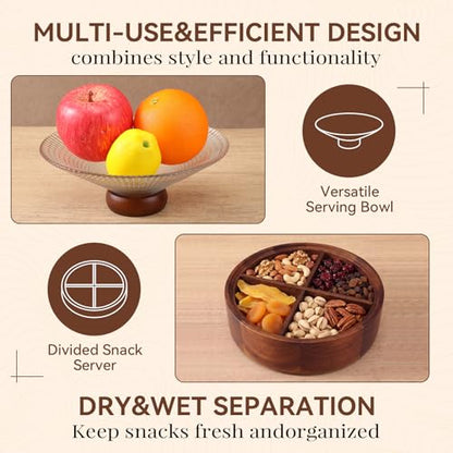 Blushtier Acacia Wood Snack Box with Glass Lid 8" Removable 4 Compartment Serving Tray Candy Nut Organizer Chip Dip Platter for Party Fruit Coffee Table Home Decoration Storage Box