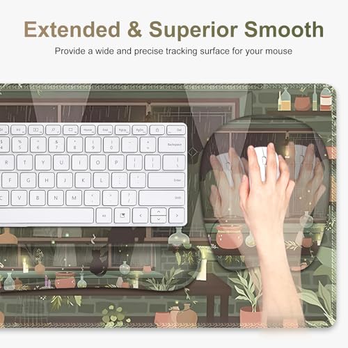 Aesthetics Large Mouse Pad with Wrist Support 4 in1 Set, XXL Big Game Mousepad + Keyboard Wrist Rest + Mouse Wrist Rest Pad +Coaster Gaming Mat for Home Office Computer I Green Plants and Black Cat - color: Green Plants Black Cat