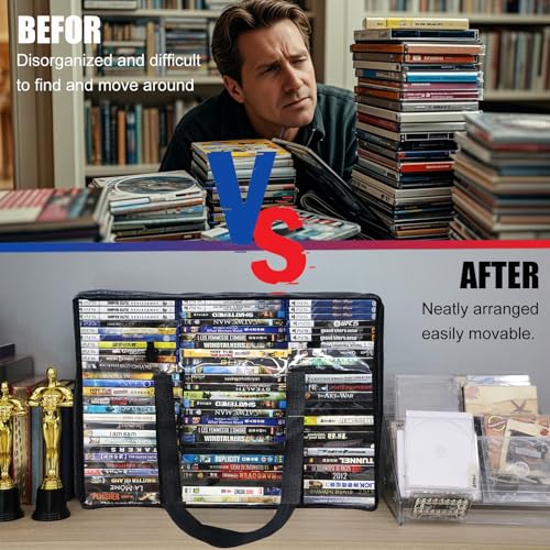DVD Storage Bags 3 Pack, Updated Bigger Bags Holds 270 DVDs (90 Each), Clear Plastic Organizer with Reinforced Handles for Media, Quilt, Pillow & Clothes Storage - size: 3*Large Bags