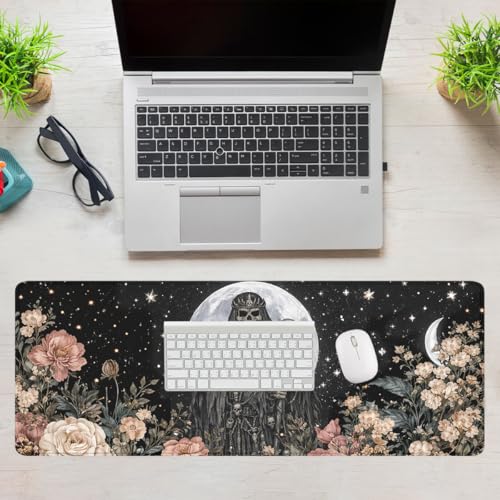 Dark Skull Gaming Mouse Pad Moon Floral Gothic Large Desk Mat with Stitched Edges,Non-Slip Waterproof Rubber Base Mouse Mat Office Computer Keyboard Laptop 31.5"x11.8" - color: Dark Skull