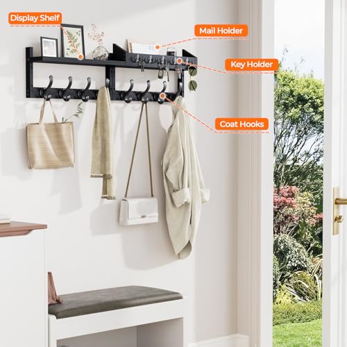 Evermagin 35" Coat Rack Wall Mount with Shelf, 4 in 1 Wall Mounted Coat and Key Hanger with 13 Hooks, Entryway Key Holder with Mail Holder for Living Room, Bedroom, Black - color: Black, size: 35 inch