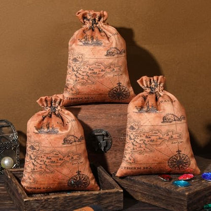 RICHNESS 16pcs Pirate Party Favor Bags Treasure Map Bag with Drawstring Closure Satin Party Loot Bags 4.5X6 Inches Goodie Bags - color: Brown