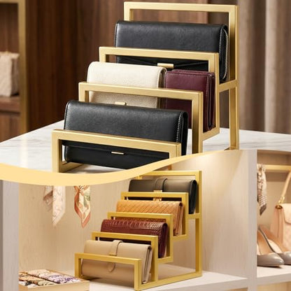 2 Pack Purse Organizer for Closet Display, 3 Layer and 4 Layer Gold Wallet Display Riser Stand Clutch Purse Organizer Metal Wallet Rack for Handbag Home Retail Boutique Store Supplies