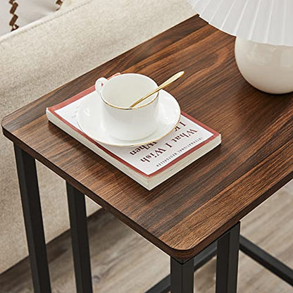 VASAGLE End Table, C Shaped TV Tray with Metal Frame Rolling Casters, Industrial Side Table for Living Room Bedroom, 19.7 x 13.8 x 23.6 Inches, Dark Walnut and Black - color: Dark Walnut + Black, size: 19.7"W x 21.7"H, style: With Wheels