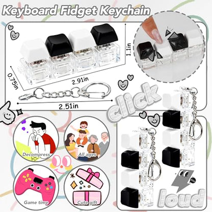 2 PCS 4-in-1 Keyboard Fidget Toy Keychain, Finger Clicky Button Toy Stress Relief Keychain with Swappable Keycaps, Mini Mechanical Key Fidget for Office Desk Focus Gifts (Black White) - color: Black White