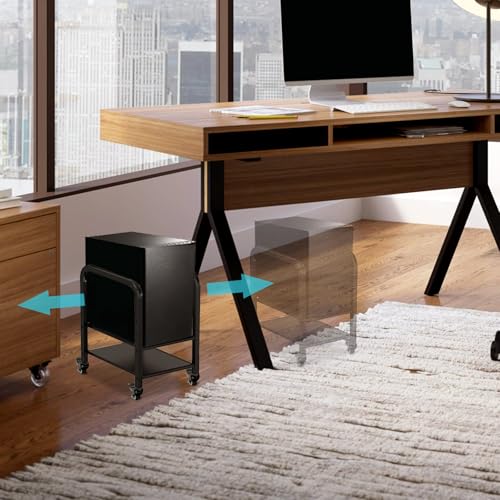 Computer Tower Stand, Height Adjustable PC Floor Stand 2-Tier for Mini/Mid Tower, Full Metal Rolling CPU Holder Cart with Locking Caster Wheels for Home and Office, Black