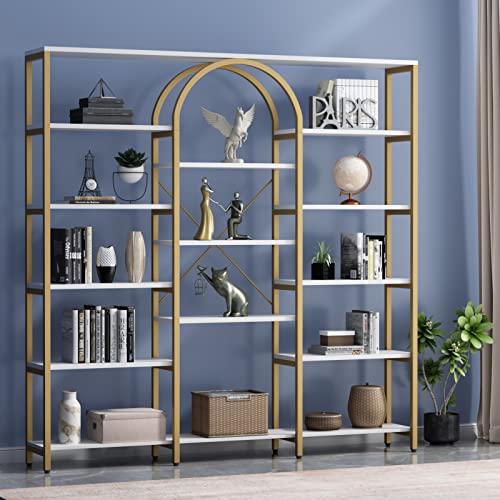 Auromie Triple Wide Gold Bookshelf, 70.87" W x 71.34" H Large Modern Etagere Bookcase, Tall Display Shelf with 13-Tier Open Shelves, Freestanding Staggered Storage Shelf for Home Office, White/Gold - color: White/Gold