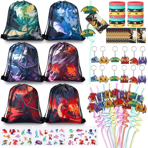 LemonRoad 73 Pcs Dragon Themed Party Favors Set Birthday Supplies Includes Drawstring Bags Backpack Keychains Bracelets Stickers Straws Tags for Birthday Party Favors Rewards Gifts - style: Dragon