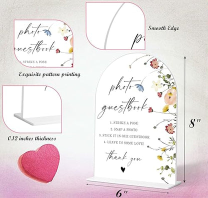 Photo Guest Book Sign, Wedding Guest Book Alternative, Flower Style Bridal Shower Signs for Engagement, Bridal Shower and Reception, Wedding Shower Favors, 6X8 Inch Acrylic Arch Sign with Stand,34 - color: Photo Guest,34