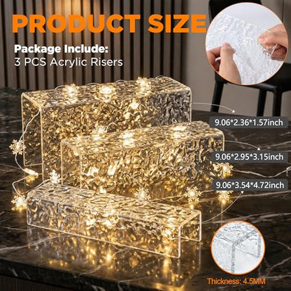 3 Pcs Clear Acrylic Display Stand with Crystal Texture, 4.5mm Thick Premium Acrylic Riser Set for Jewelry, Desserts, Handbags & Collectibles, Multi-Size Display Holder for Party & Home Decor