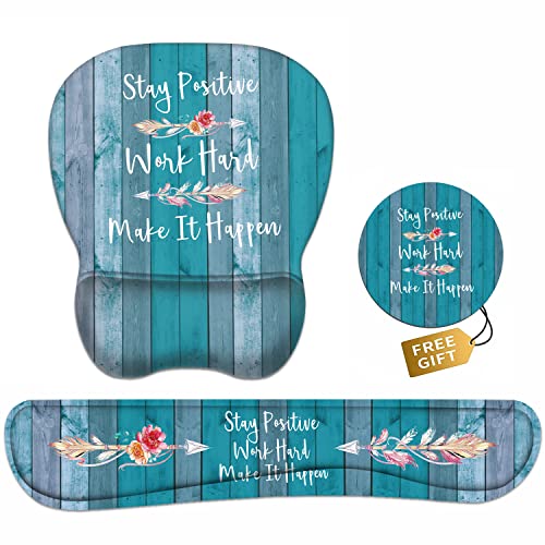 Mouse Pad Wrist Support and Keyboard Wrist Rest Set with Coasters, Stay Positive Work Hard and Make It Happen Inspirational Quote Non-Slip PU Base Ergonomic Mousepad for Home Office Working Studying - color: Stay Positive Work Hard and Make It Happen Insp