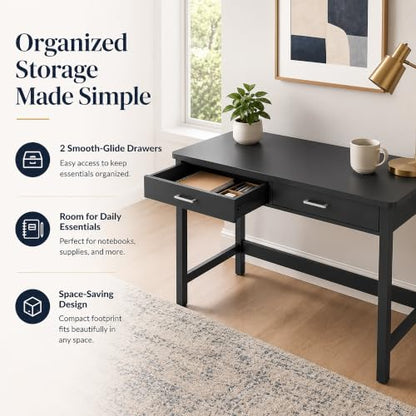 4NM 39.4" Small Desk with Wood Drawers, Home Office Computer Desk with Wooden Legs, Study Writing Table Vanity Desk for Small Spaces - Black - color: Black