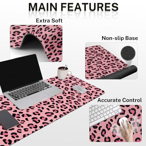 Arttown Leopard Desk Mat Pink and Black Leopard Mouse Pad Set 4 in 1 Ergonomic Design Large Mouse Pad + Keyboard Wrist Rest + Mouse Wrist Rest + Coaster Suitable for Home Office Study Game - color: Pink Black Leopard