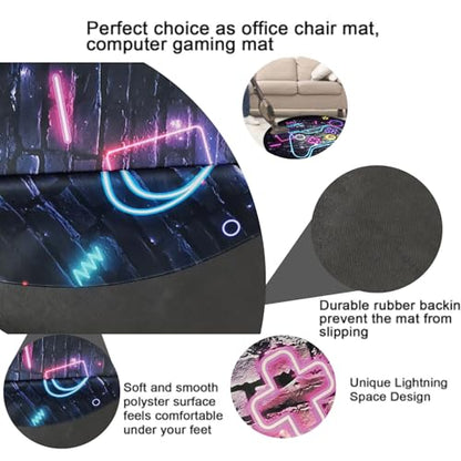 Blue Purple Gaming Chair Mat for Hardwood Floor Anti-Slip, Brick Wall Neon Graffiti Gamer Round Office Computer Carpet for Teen Bedroom Decor, Office Gaming Room, Round 47"