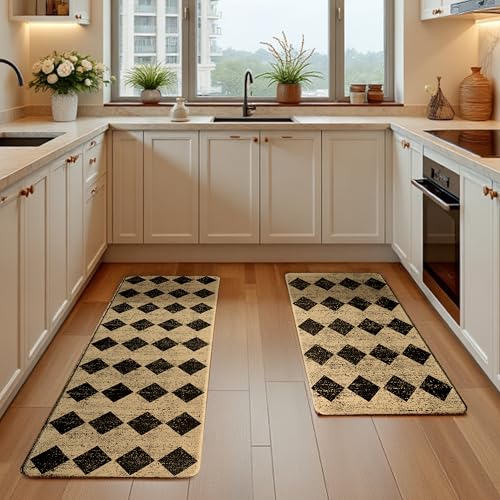 Brown Black Moroccan Trellis Checkered Kitchen Rug Sets [2 PCs], Anti-Fatigue, Waterproof Non-Slip Kitchen Mats Heavy Duty Ergonomic Comfort Foam Rug for Floor, Home, Laundry,17"x29"+17"x47" - color: Trellis-brown & Black, size: 17.3"x29"+17.3"x47"-0.4"H