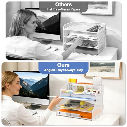 4 Tier Desk Orgnizers and Accessories, Metal Magazine File Holder with Pencil Holder and Handles, Space Saving Desk File Trays for School Office Supplies(White) - color: 4-tier-white