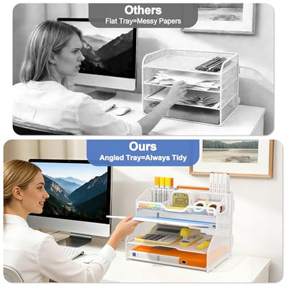 4 Tier Desk Orgnizers and Accessories, Metal Magazine File Holder with Pencil Holder and Handles, Space Saving Desk File Trays for School Office Supplies(White) - color: 4-tier-white