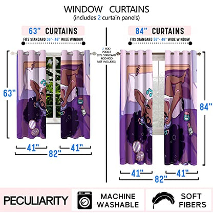 Curtain, Blackout, Rod Pocket, 82 in x 84 in, African American, Black Girl, Purple, Living Room, 2 Count - color: Multi 01, size: 41"W x 84"L (Pack of 2)