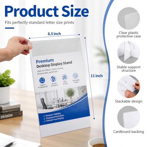 Watersay 25 Pcs Paper Sign Holder 8.5'' x 11'' - Stackable Paper Tabletop Display Stand with Clear Plastic Cover, Lightweight Portable for Business Exhibitions Restaurant Office Store Home Use