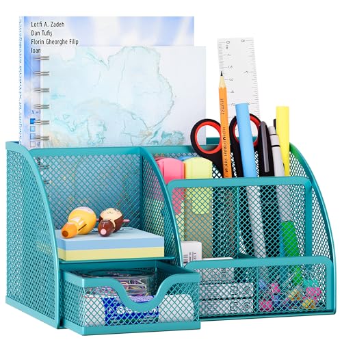 EasyPAG Mesh Desk Organizer with Drawer Multi-functional Pen Holder Stationery Organizer for Office School Supplies 6 Compartments Dorm Organizers and Storage for Desk, Blue - color: Blue